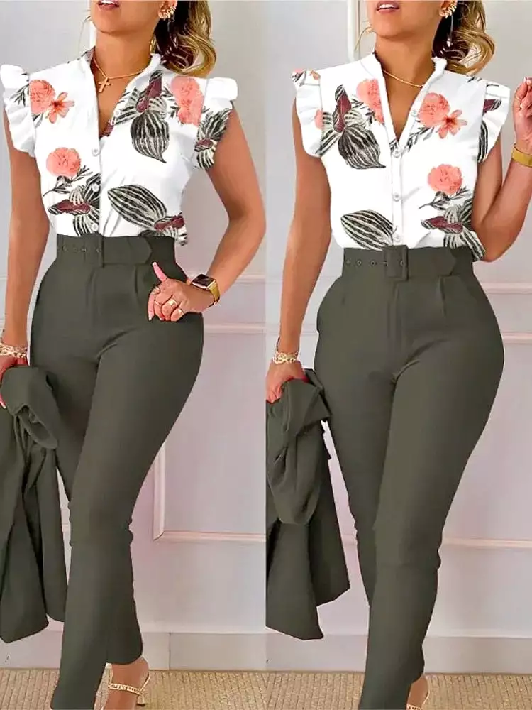 Print Button Flying Sleeve Two Piece Set V-neck Shirt Belt Pants Elegant Suits 2023 Fashion Women Slim Fit Office Lady Blouses