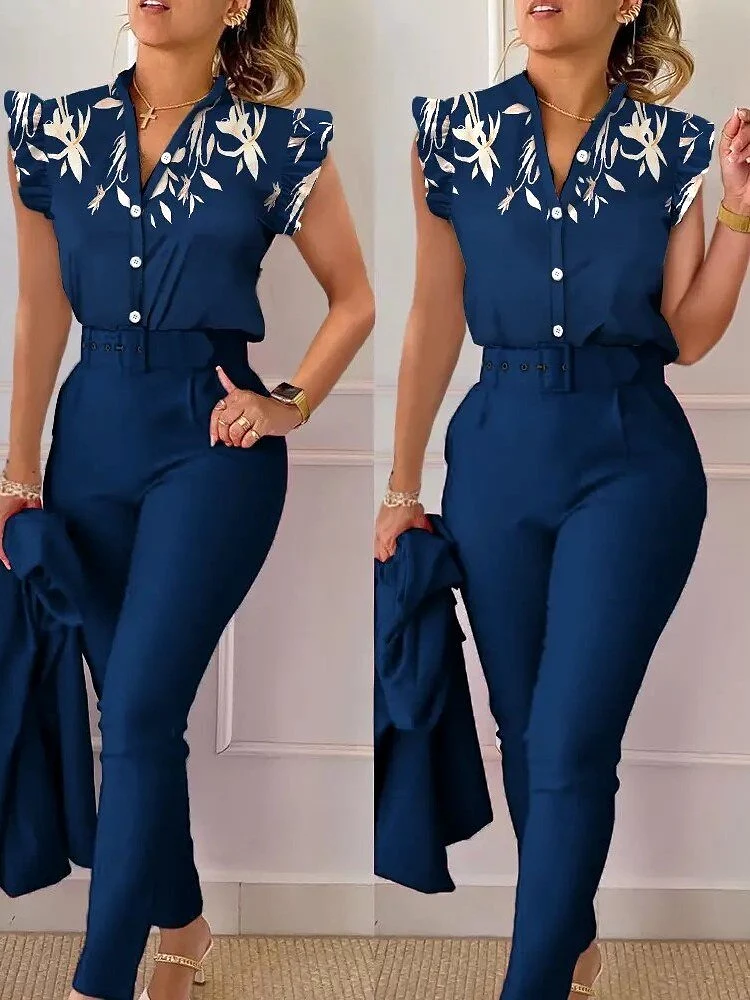 Print Button Flying Sleeve Two Piece Set V-neck Shirt Belt Pants Elegant Suits 2023 Fashion Women Slim Fit Office Lady Blouses