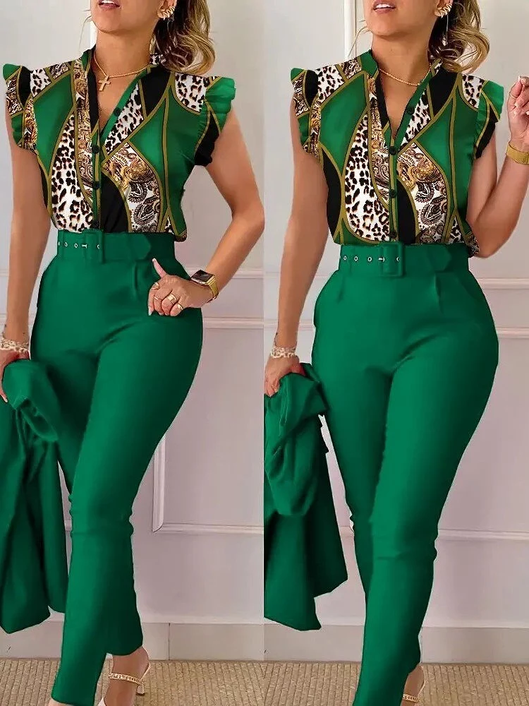 Print Button Flying Sleeve Two Piece Set V-neck Shirt Belt Pants Elegant Suits 2023 Fashion Women Slim Fit Office Lady Blouses