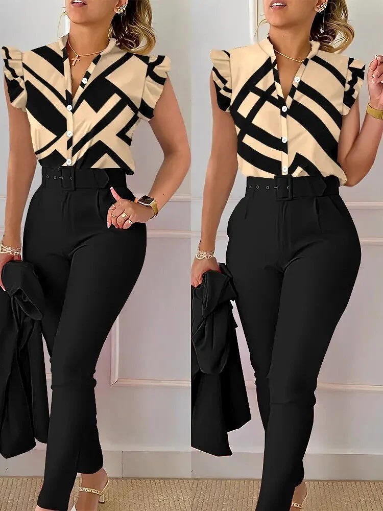 Print Button Flying Sleeve Two Piece Set V-neck Shirt Belt Pants Elegant Suits 2023 Fashion Women Slim Fit Office Lady Blouses