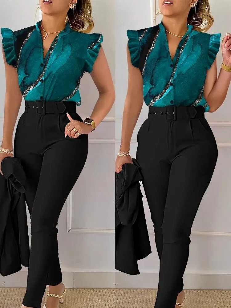 Print Button Flying Sleeve Two Piece Set V-neck Shirt Belt Pants Elegant Suits 2023 Fashion Women Slim Fit Office Lady Blouses