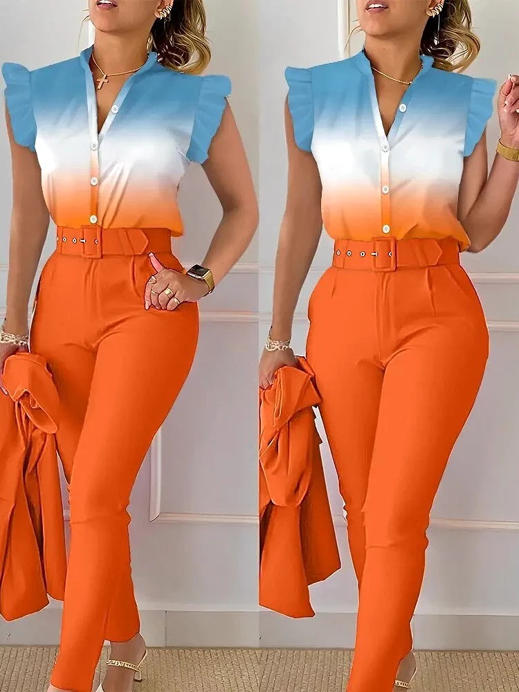 Print Button Flying Sleeve Two Piece Set V-neck Shirt Belt Pants Elegant Suits 2023 Fashion Women Slim Fit Office Lady Blouses