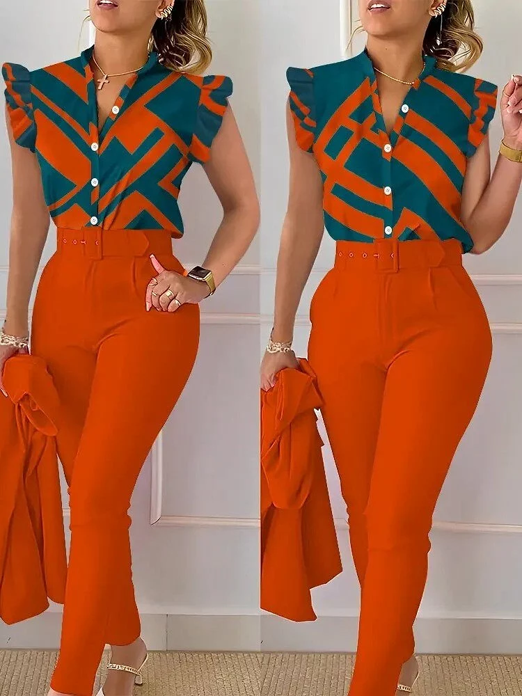 Print Button Flying Sleeve Two Piece Set V-neck Shirt Belt Pants Elegant Suits 2023 Fashion Women Slim Fit Office Lady Blouses