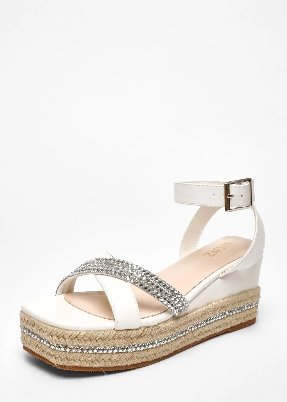 Quiz White Faux Leather Diamante Woven Wedges