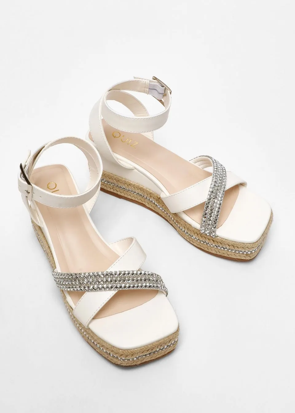 Quiz White Faux Leather Diamante Woven Wedges