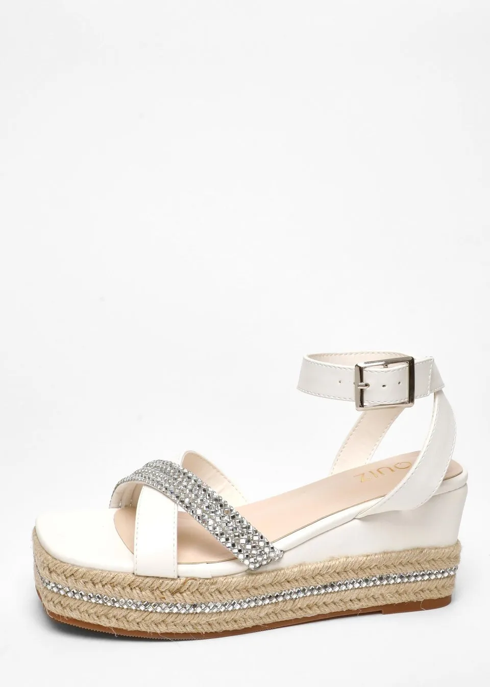 Quiz White Faux Leather Diamante Woven Wedges