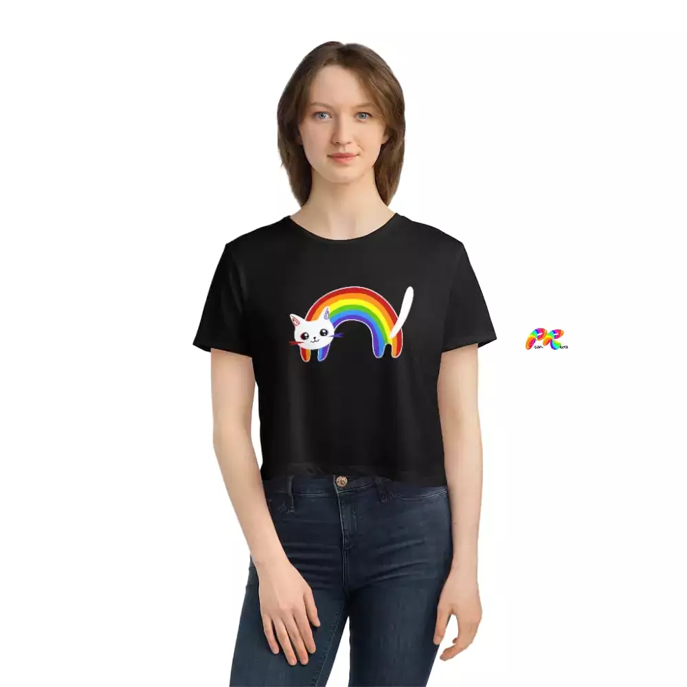 Rainbow Cat Women's Flowy Cropped T-Shirt