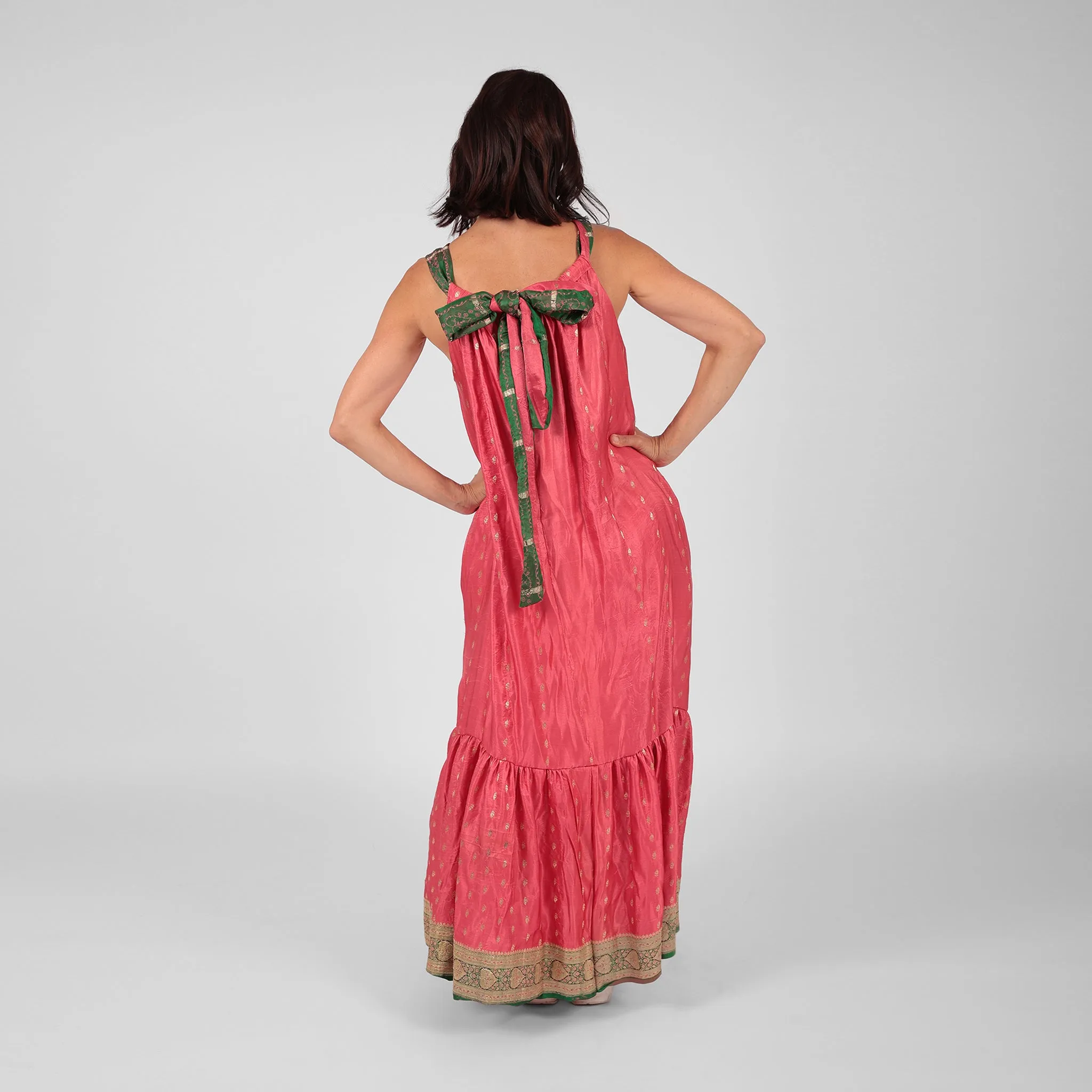 Roosa - Vintage Silk Sari Pink Diamond Maxi Dress