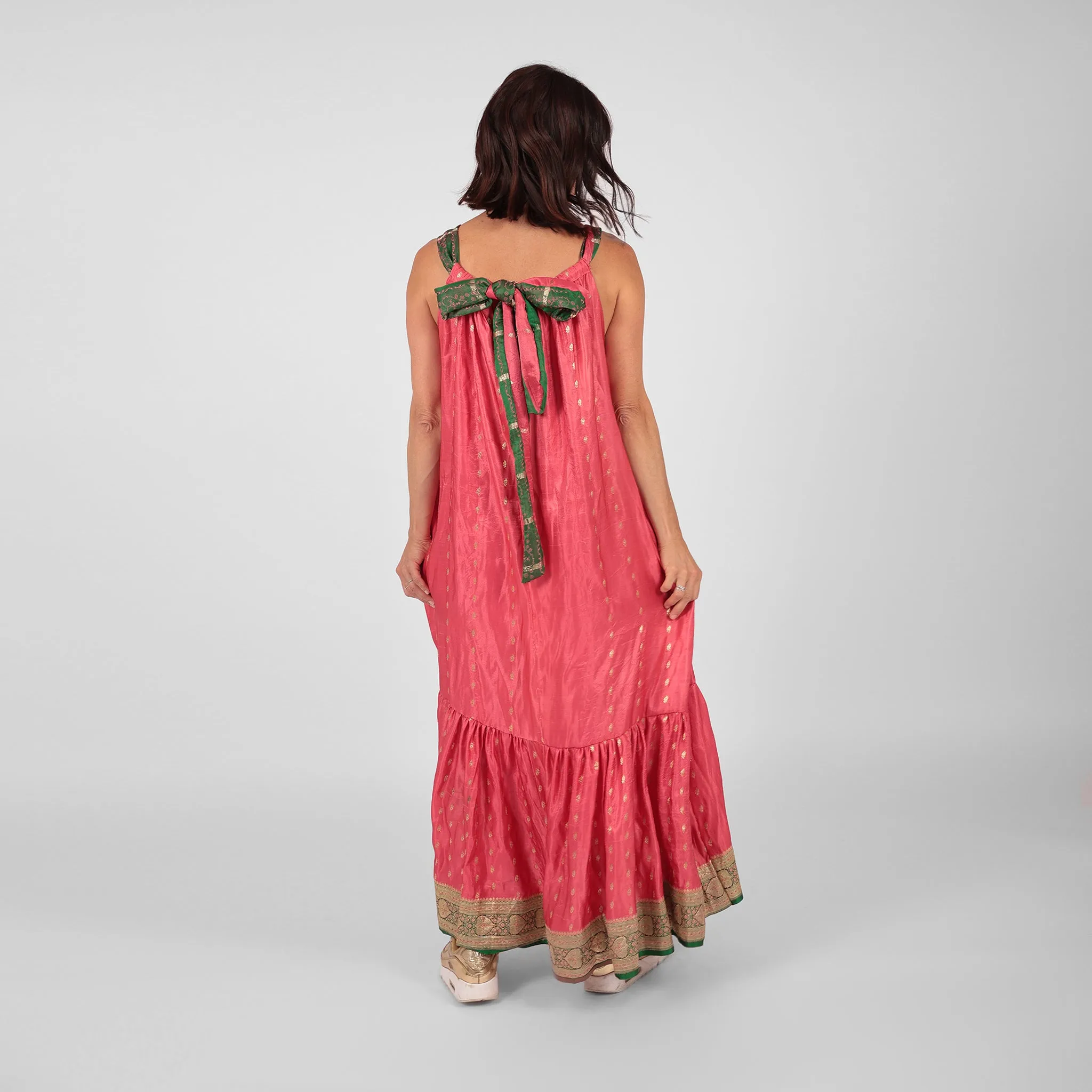 Roosa - Vintage Silk Sari Pink Diamond Maxi Dress