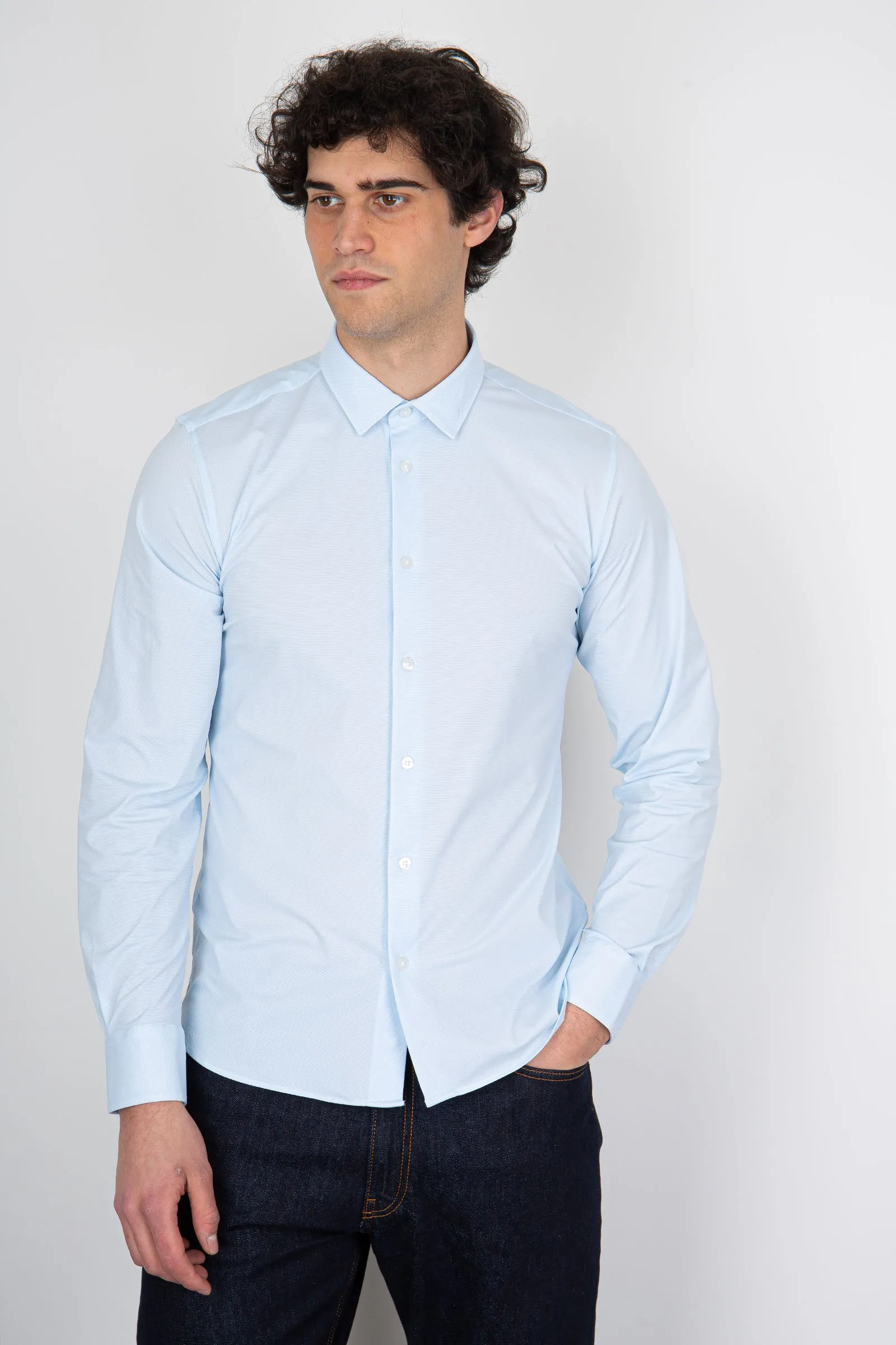 Rrd Camicia Shirt Oxford Jacquard Open Celeste Uomo