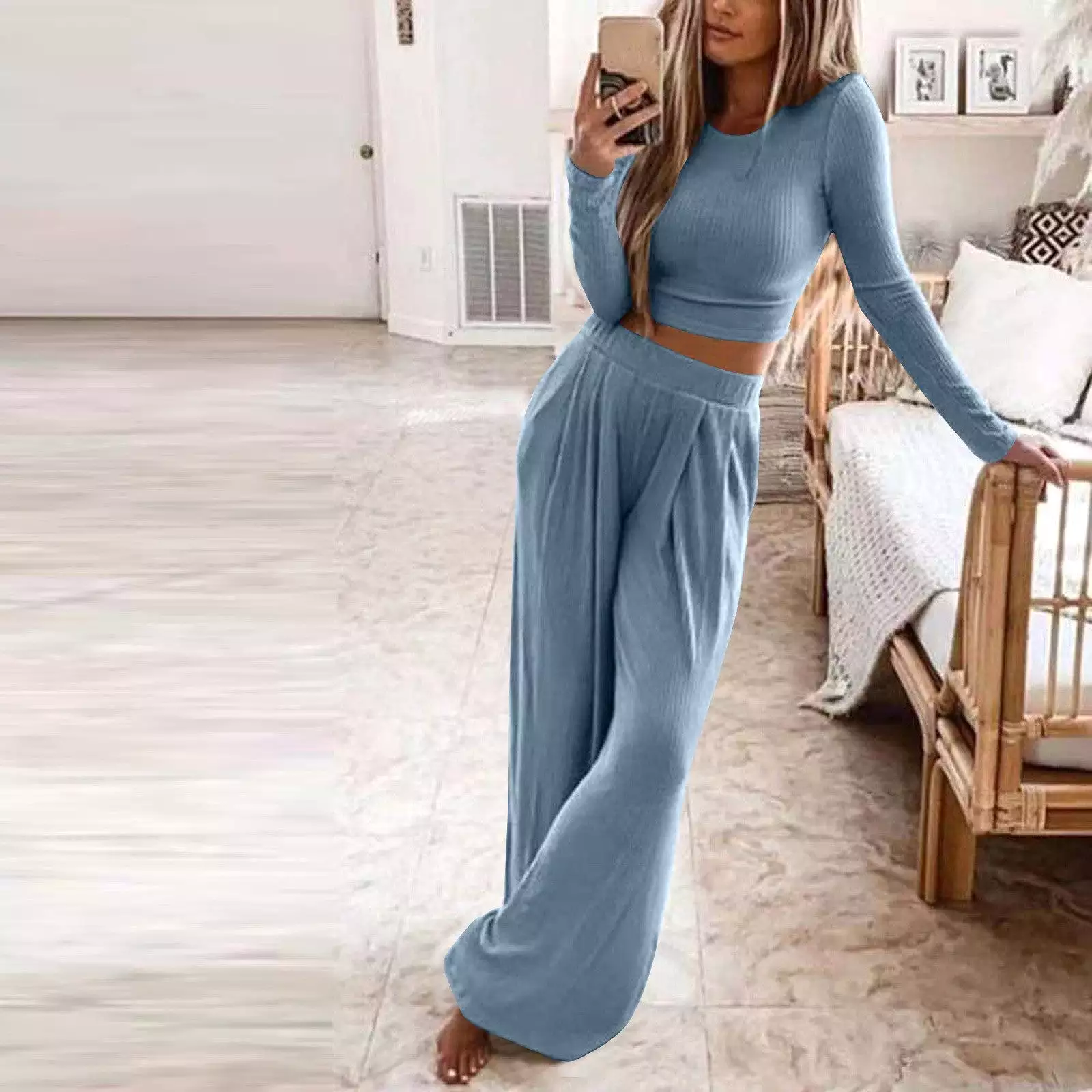 Solid Color Knit Long Sleeve Two Piece Wide Leg Pants Set (6 colors)