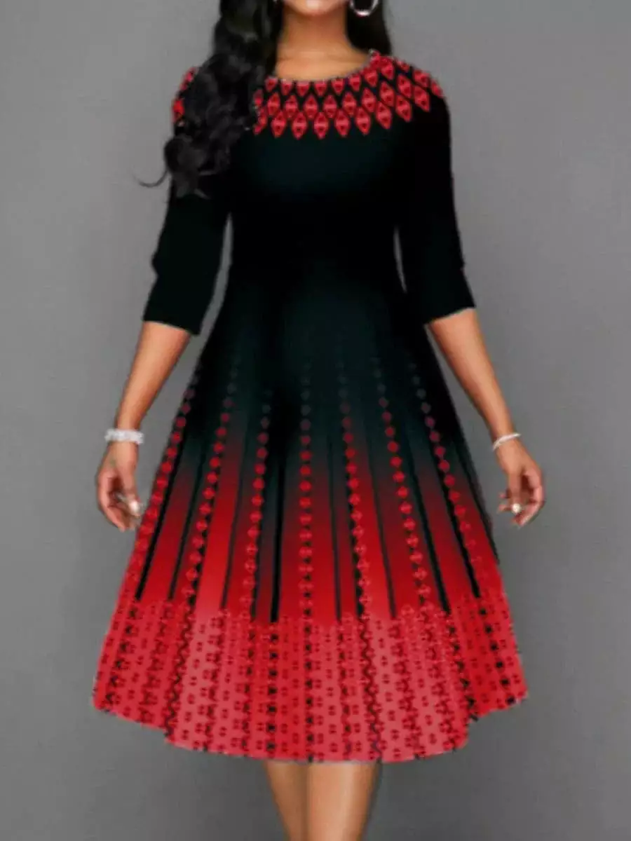 Stylish Plus Size Geometric Print Midi Dress for Winter Parties