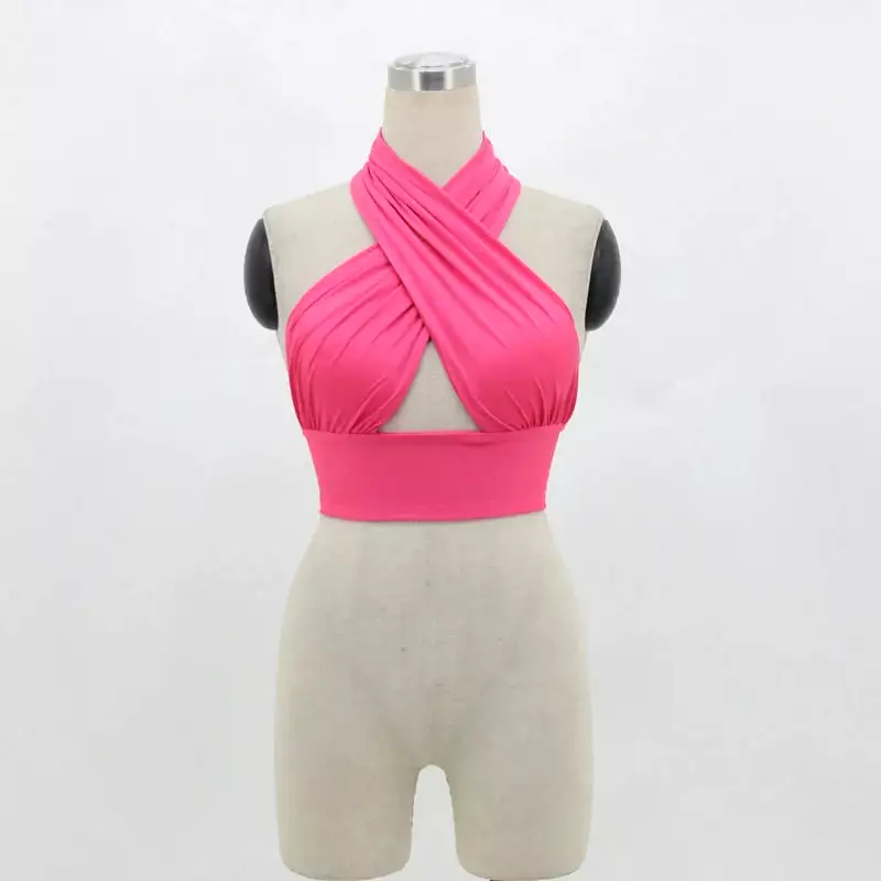 Summer Women Halter Strappy Cross Over Front Cut Out Halter Neck Sleeveless Backless Crop Top