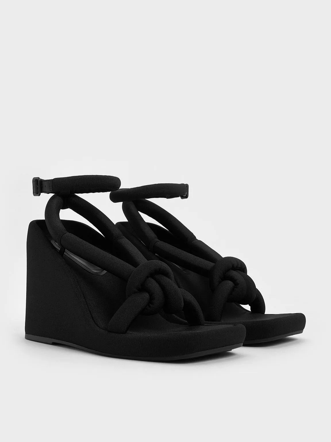 Toni Knotted Puffy-Strap Wedges - Black Textured