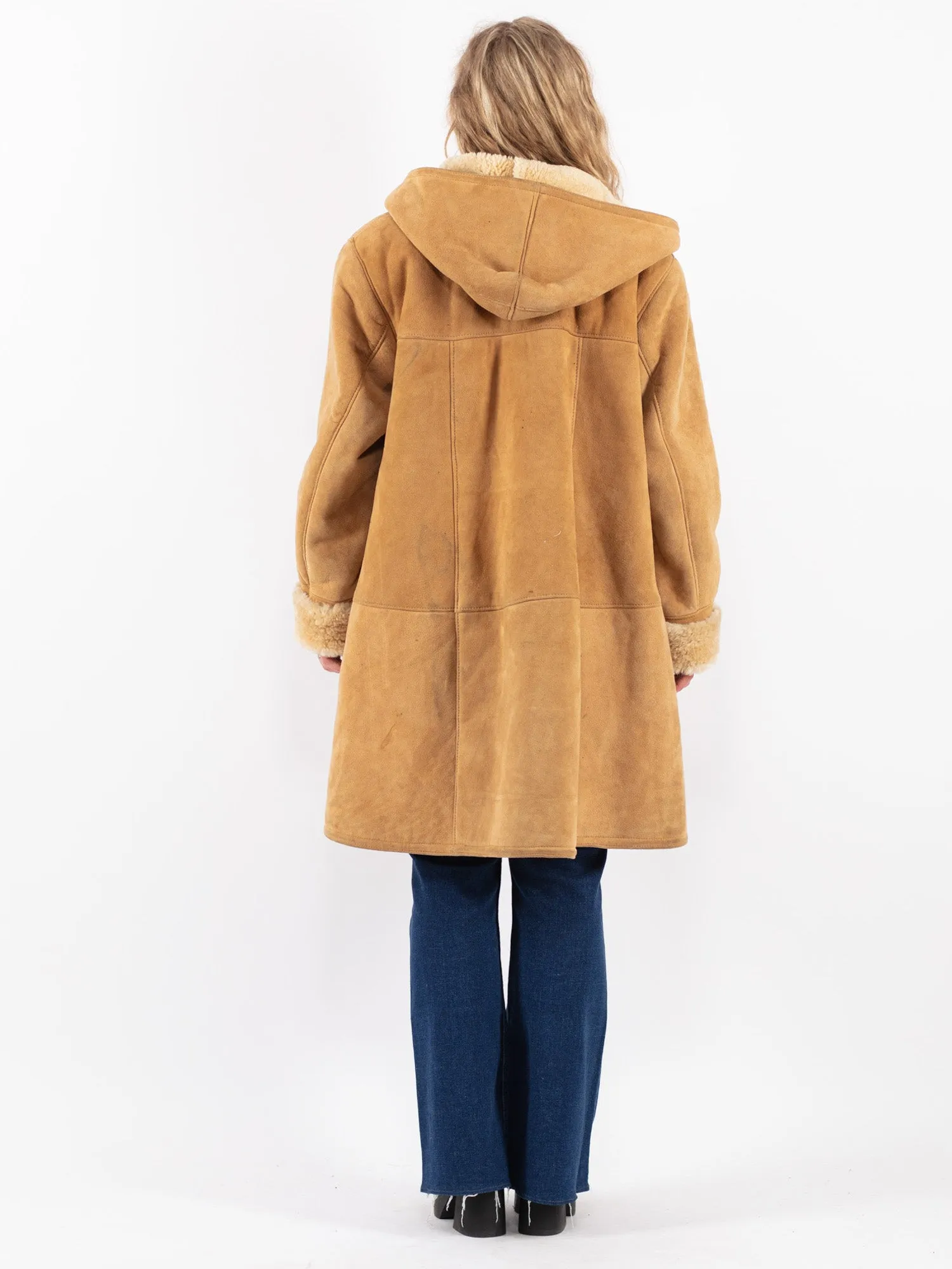 Vintage 70's Women Hooded Sheepskin Coat in Beige