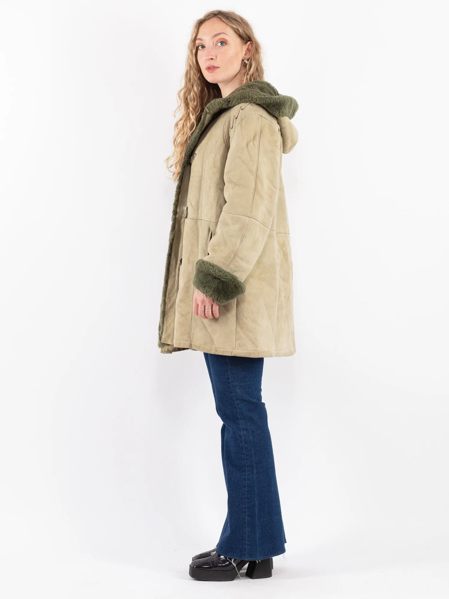 Vintage 70's Women Hooded Sheepskin Coat in Green