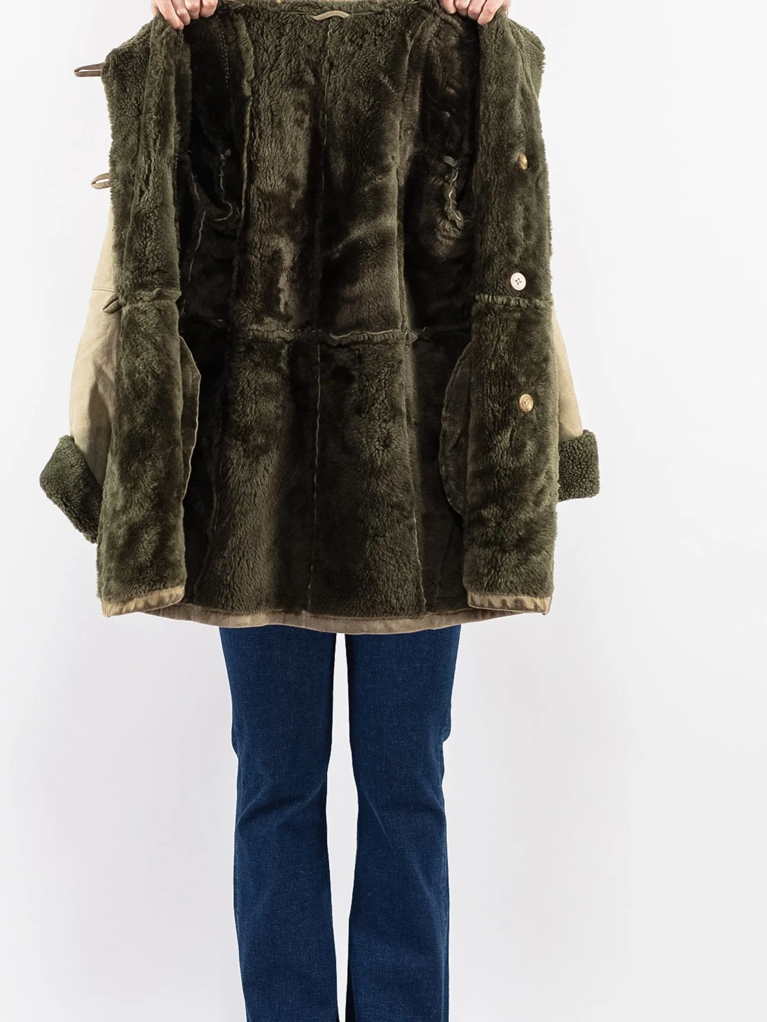 Vintage 70's Women Hooded Sheepskin Coat in Green