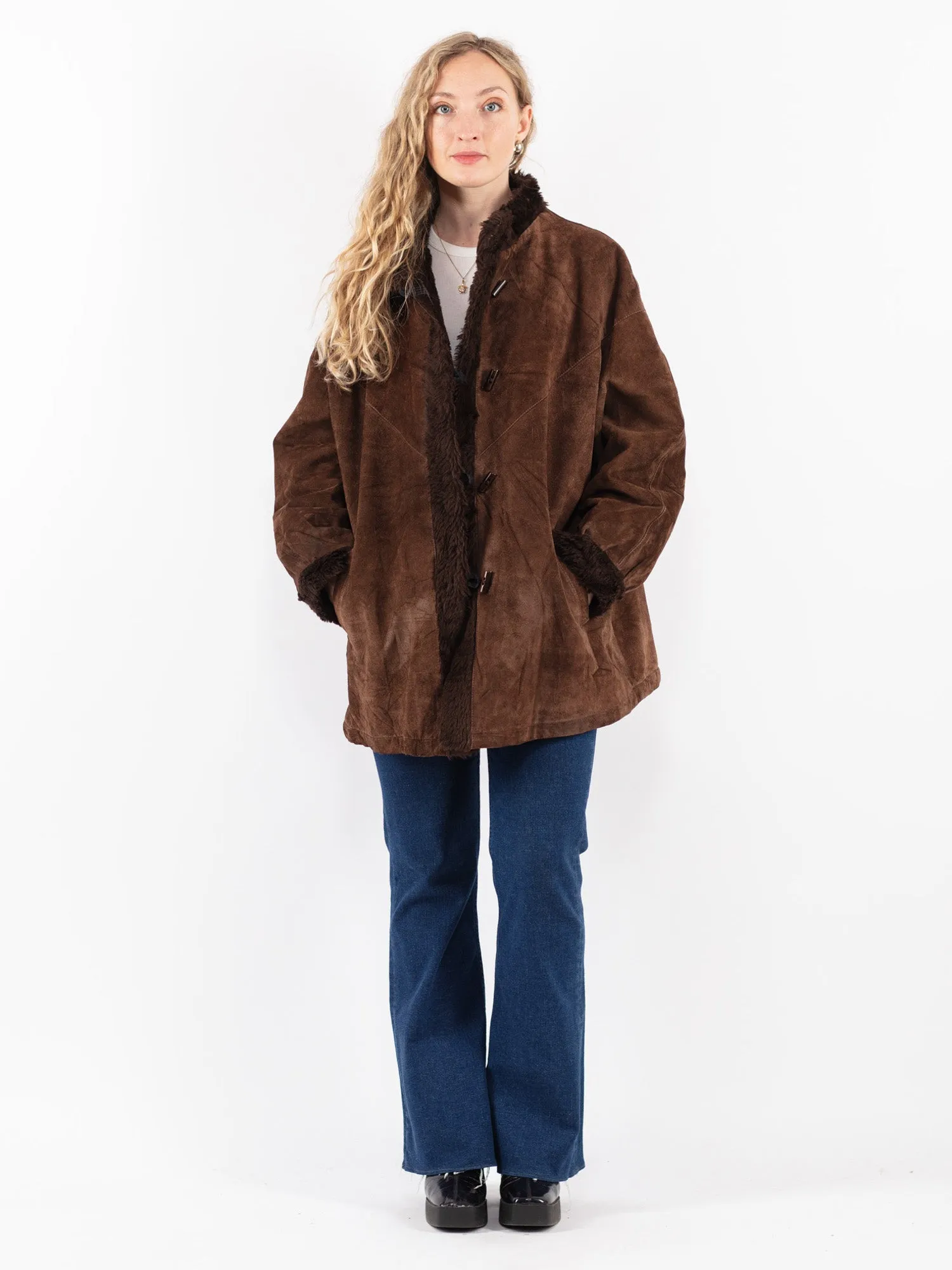 Vintage 70's Women Suede Sherpa Coat in Brown