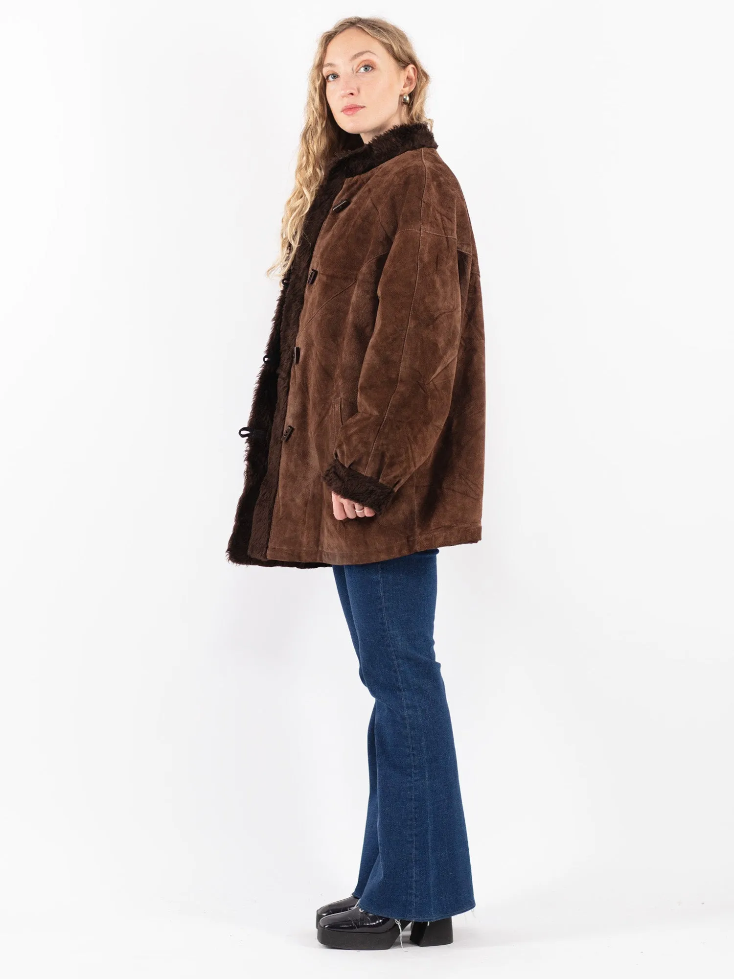 Vintage 70's Women Suede Sherpa Coat in Brown