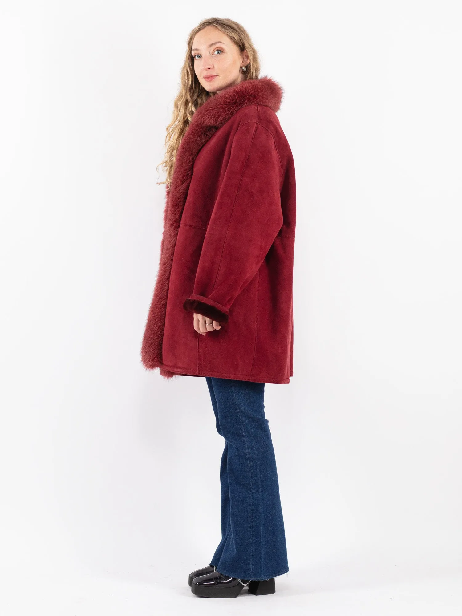 Vintage 80's Women Hide Society Sheepskin Coat in Red