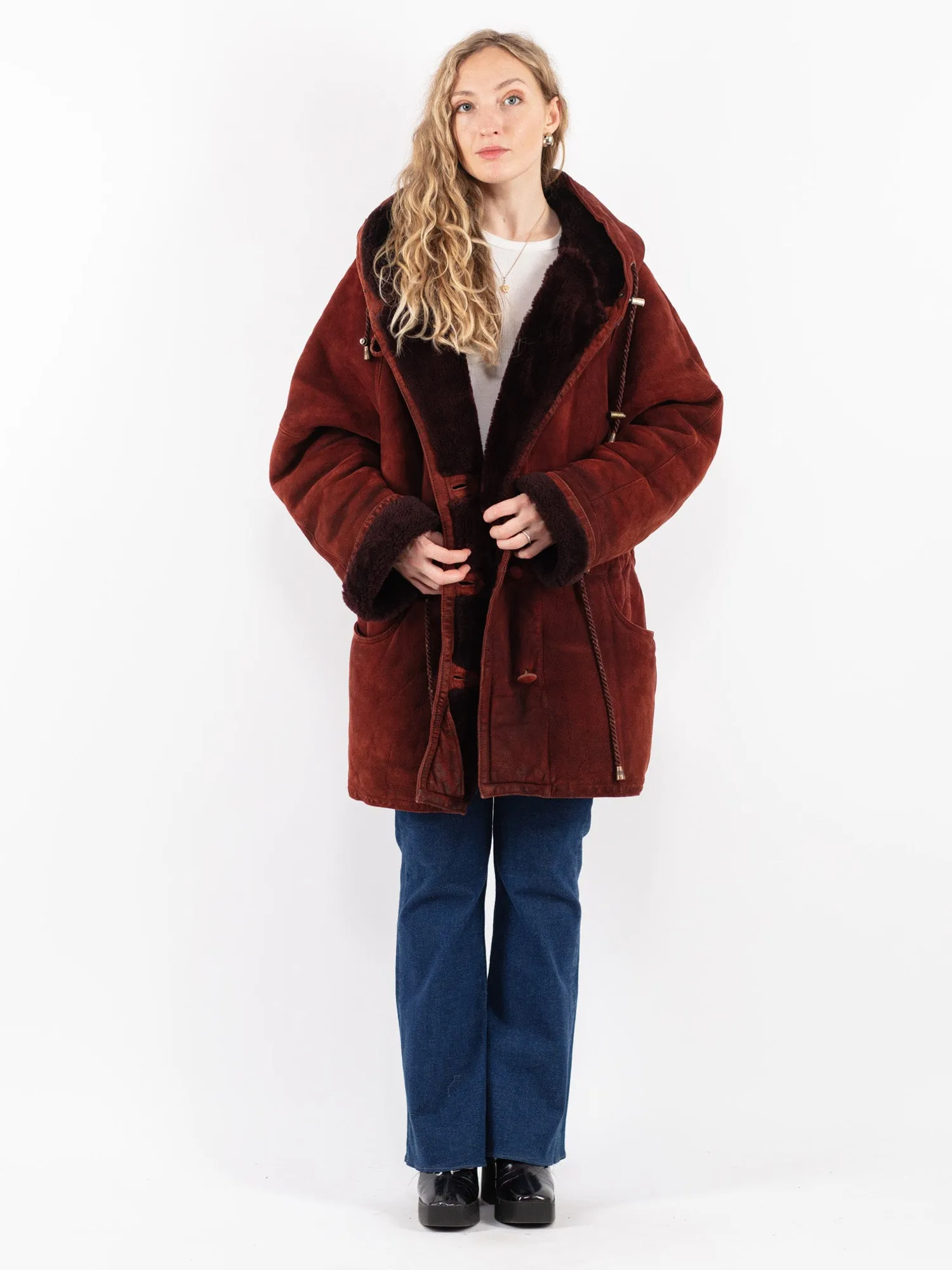 Vintage 80's Women Hooded Sheepskin Coat in Red