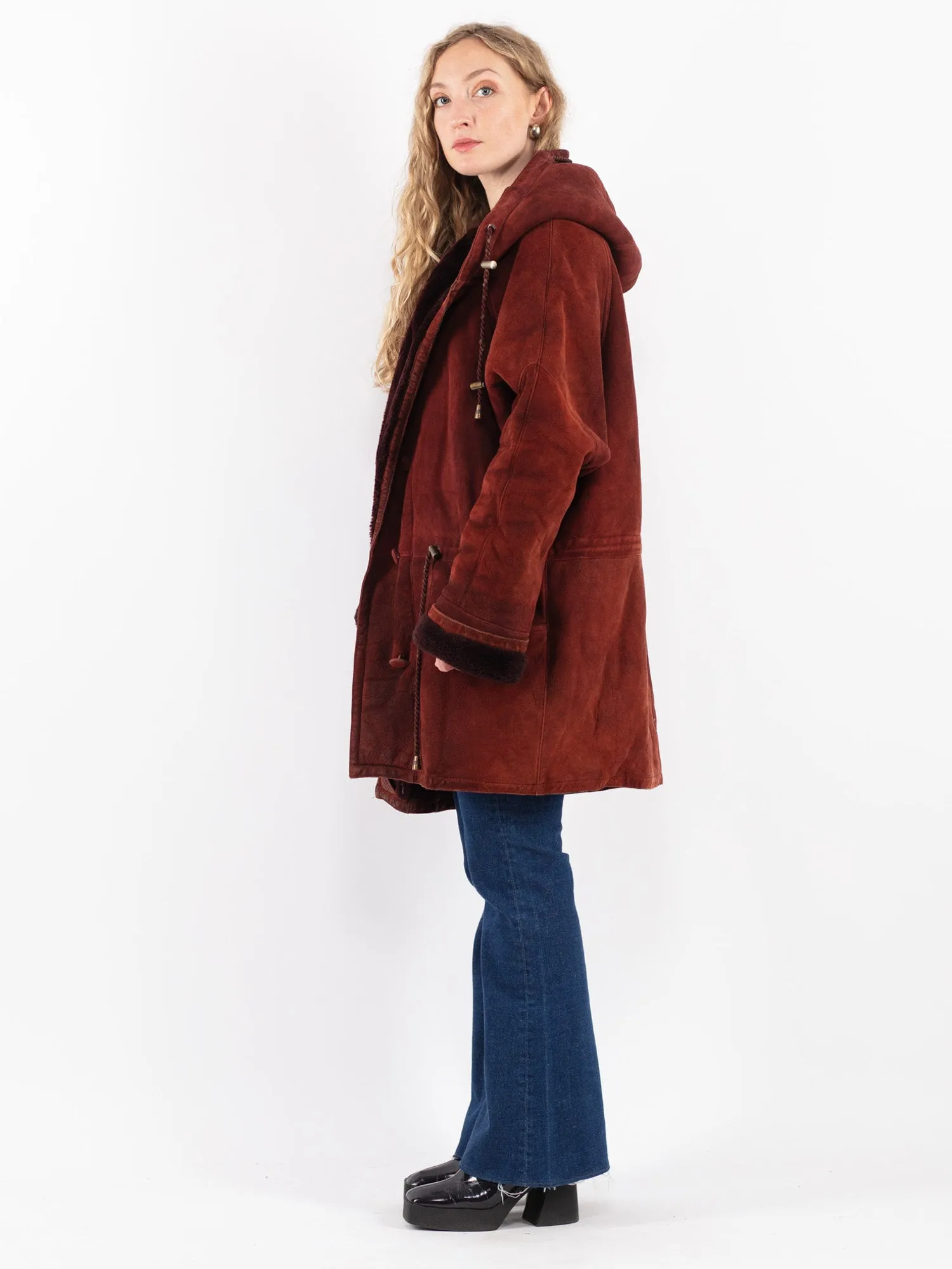 Vintage 80's Women Hooded Sheepskin Coat in Red