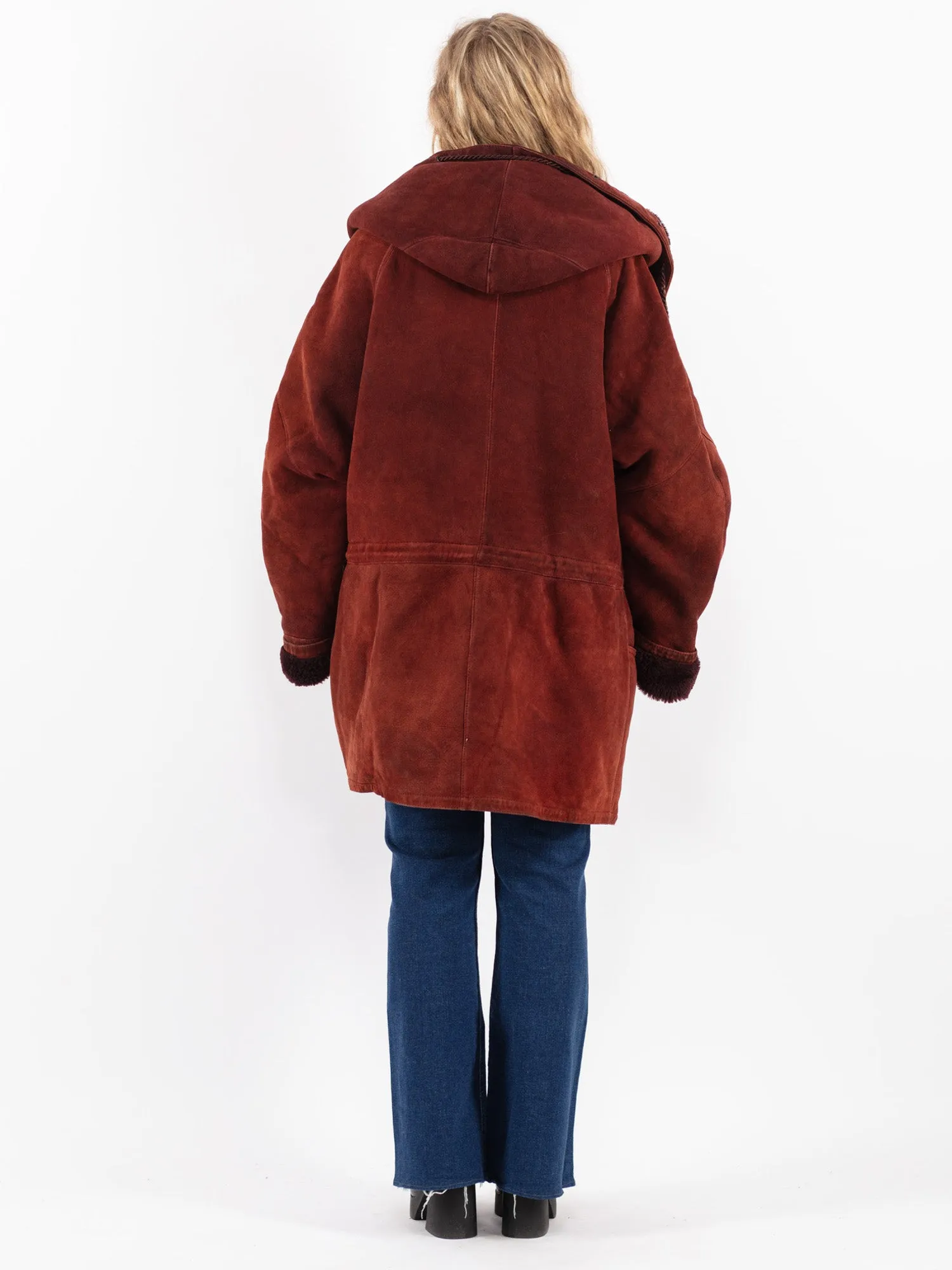 Vintage 80's Women Hooded Sheepskin Coat in Red