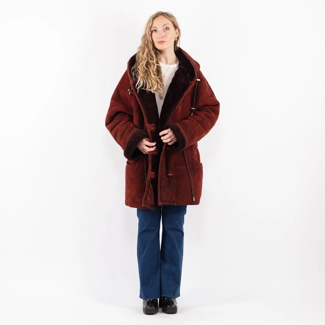 Vintage 80's Women Hooded Sheepskin Coat in Red