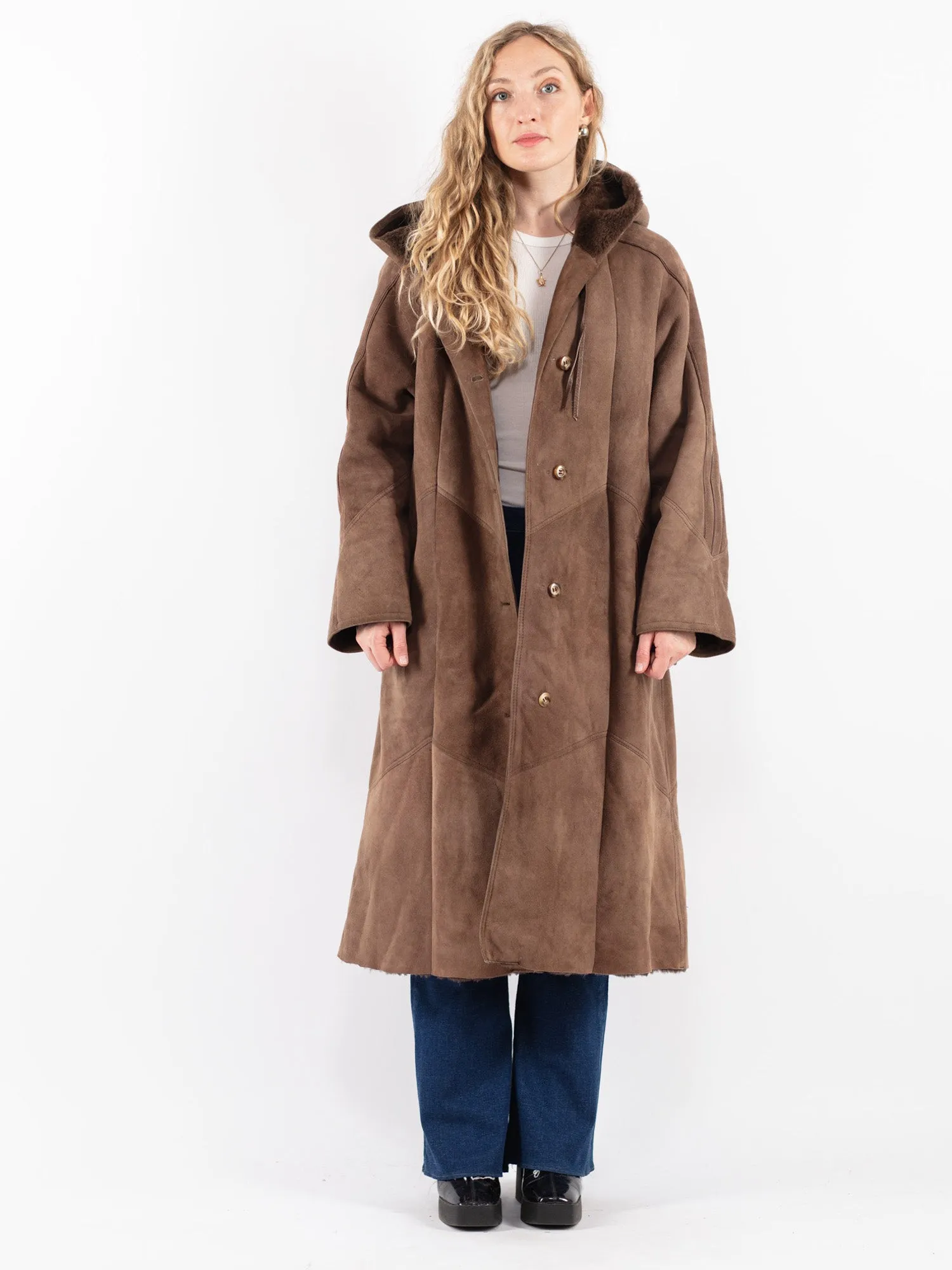 Vintage 80's Women Hooded Sheepskin Long Coat in Brown