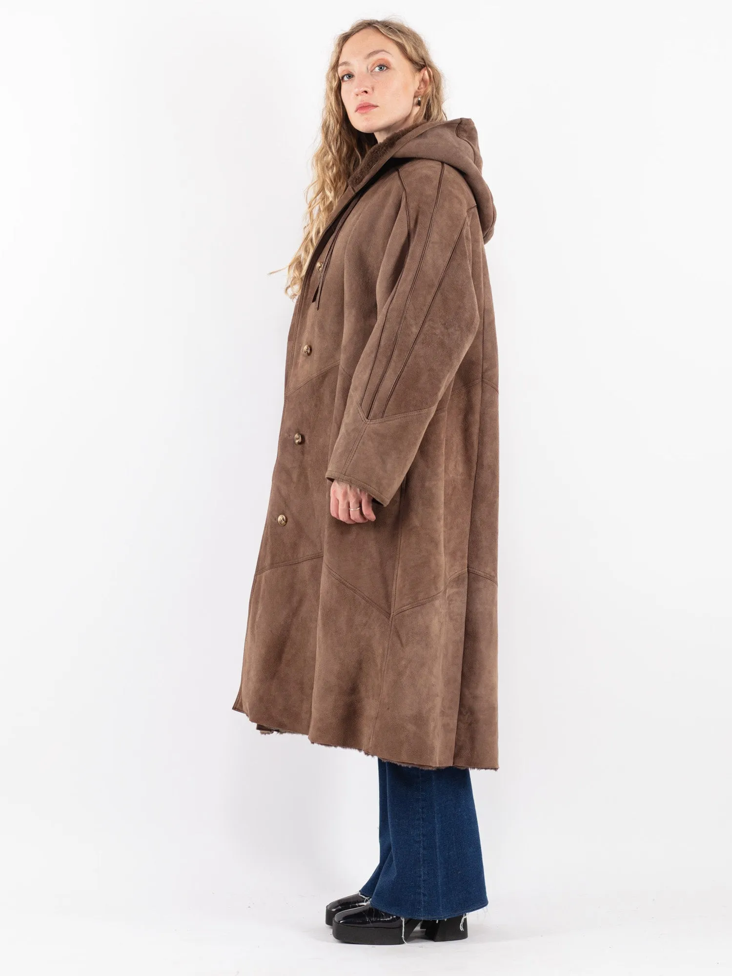 Vintage 80's Women Hooded Sheepskin Long Coat in Brown