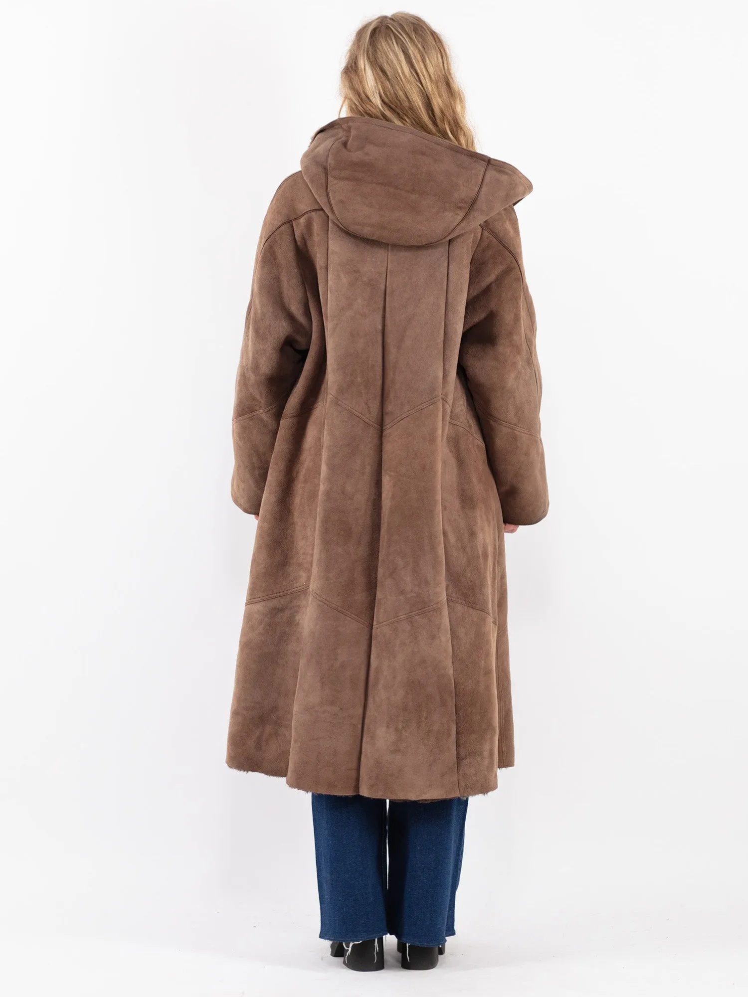 Vintage 80's Women Hooded Sheepskin Long Coat in Brown