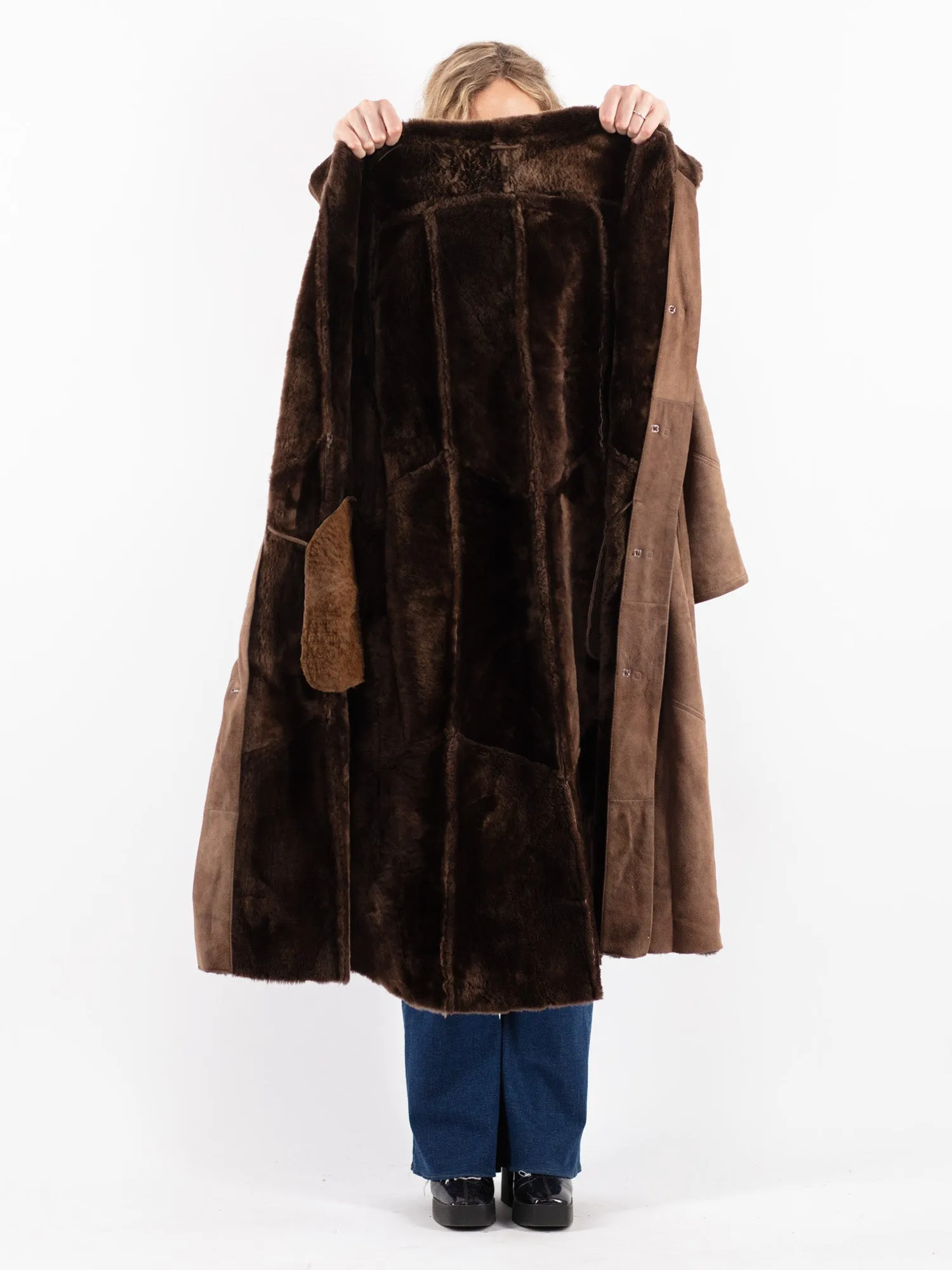 Vintage 80's Women Hooded Sheepskin Long Coat in Brown