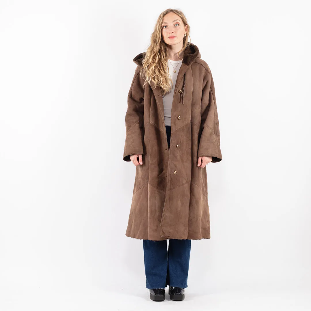 Vintage 80's Women Hooded Sheepskin Long Coat in Brown