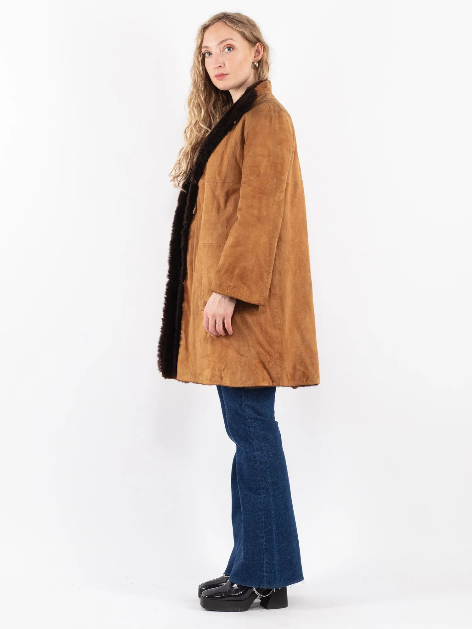 Vintage 80's Women Reversible Sheepskin Coat in Brown