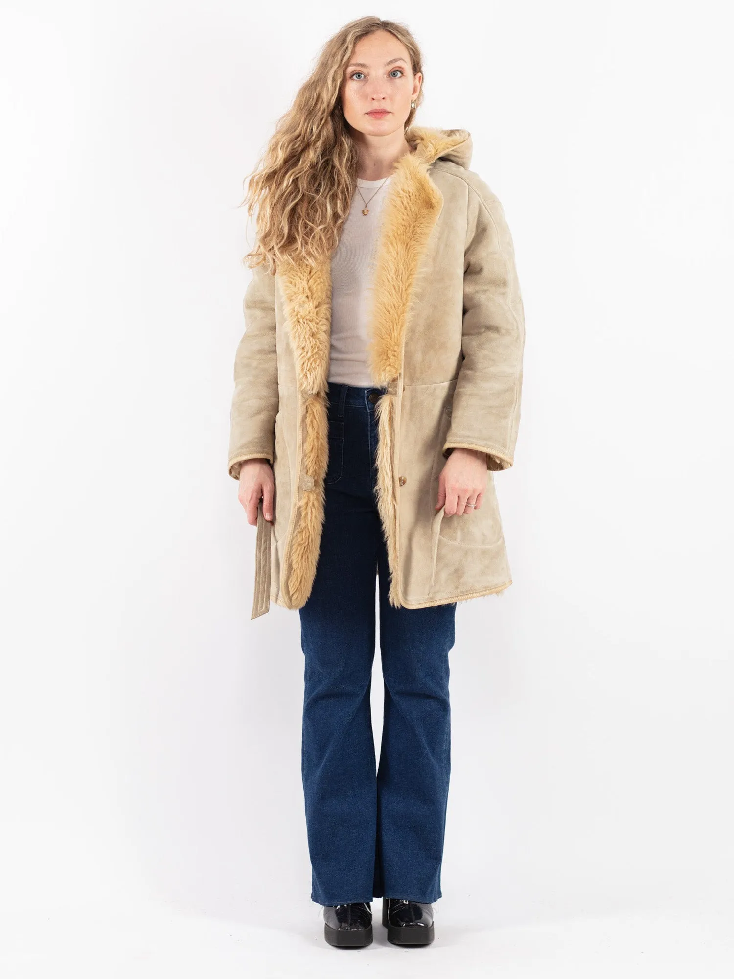 Vintage 80's Women Sheepskin Coat in Beige