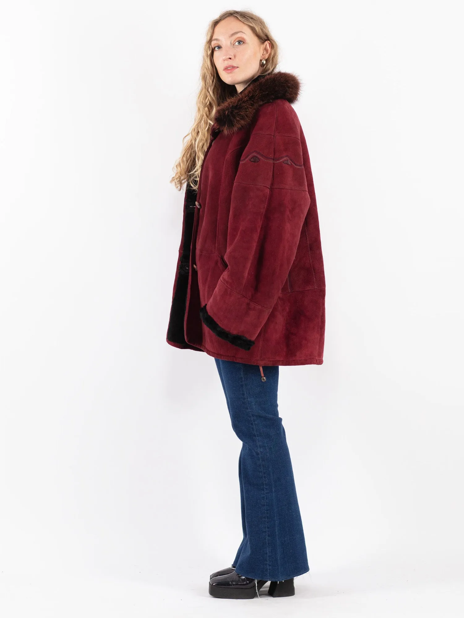 Vintage 80's Women Sheepskin Shearling Coat in Red