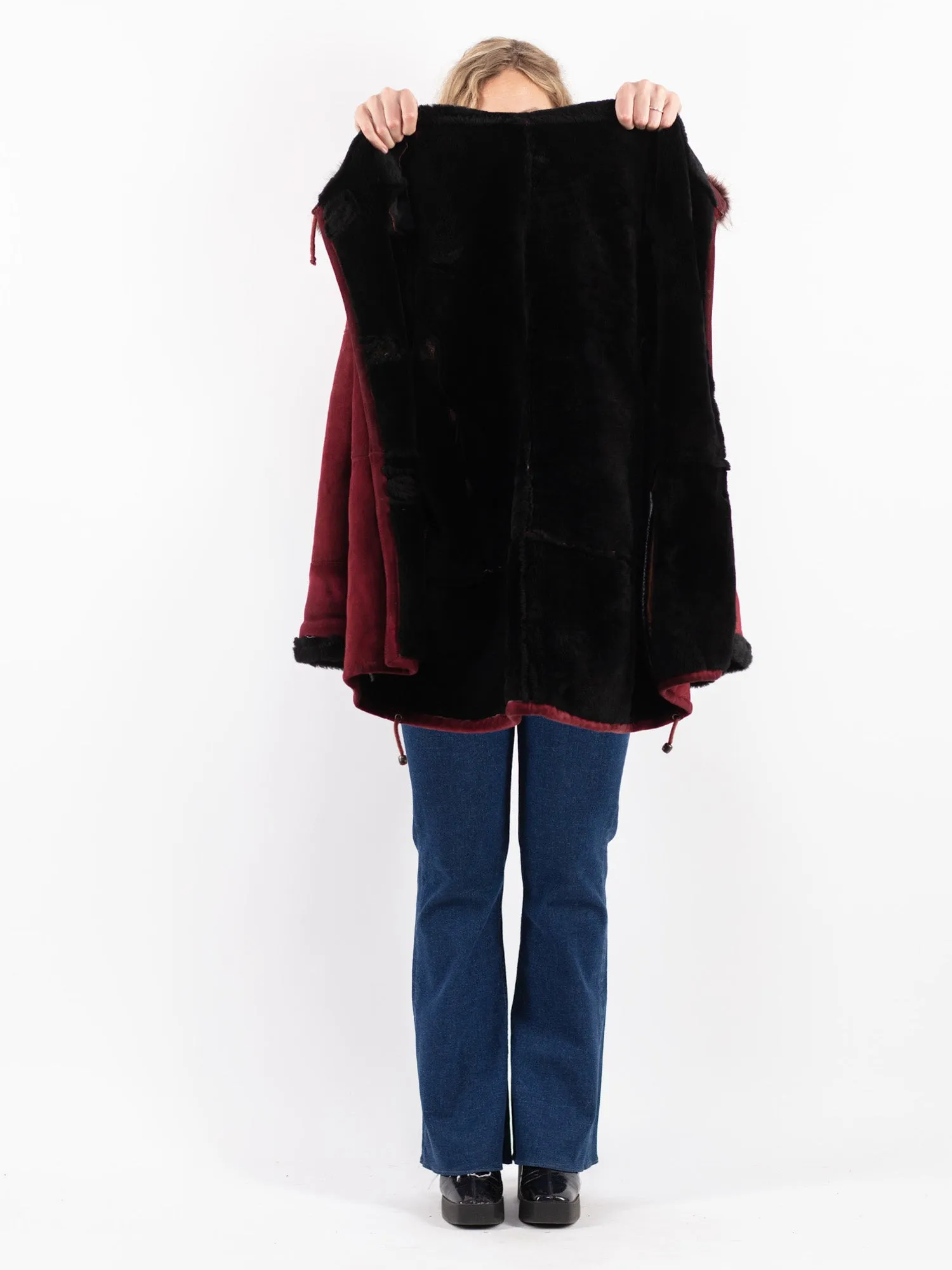 Vintage 80's Women Sheepskin Shearling Coat in Red