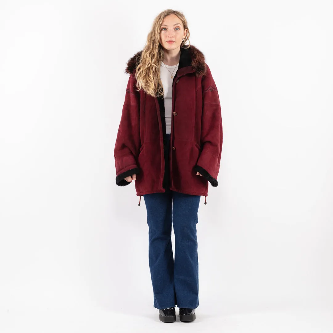 Vintage 80's Women Sheepskin Shearling Coat in Red