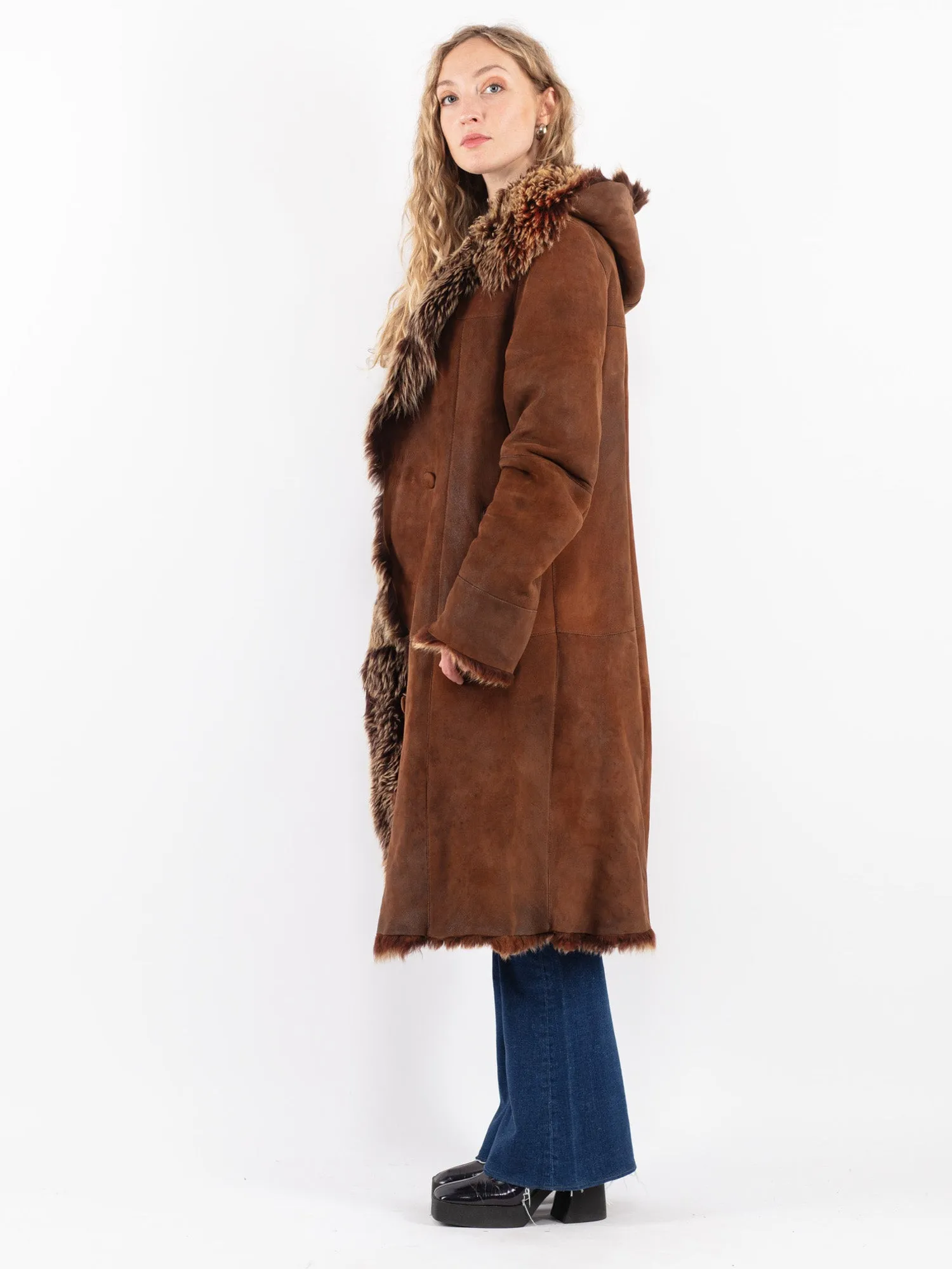 Vintage 90's Hooded Penny Lane Sheepskin Coat in Brown