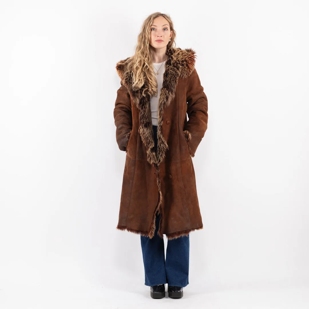 Vintage 90's Hooded Penny Lane Sheepskin Coat in Brown