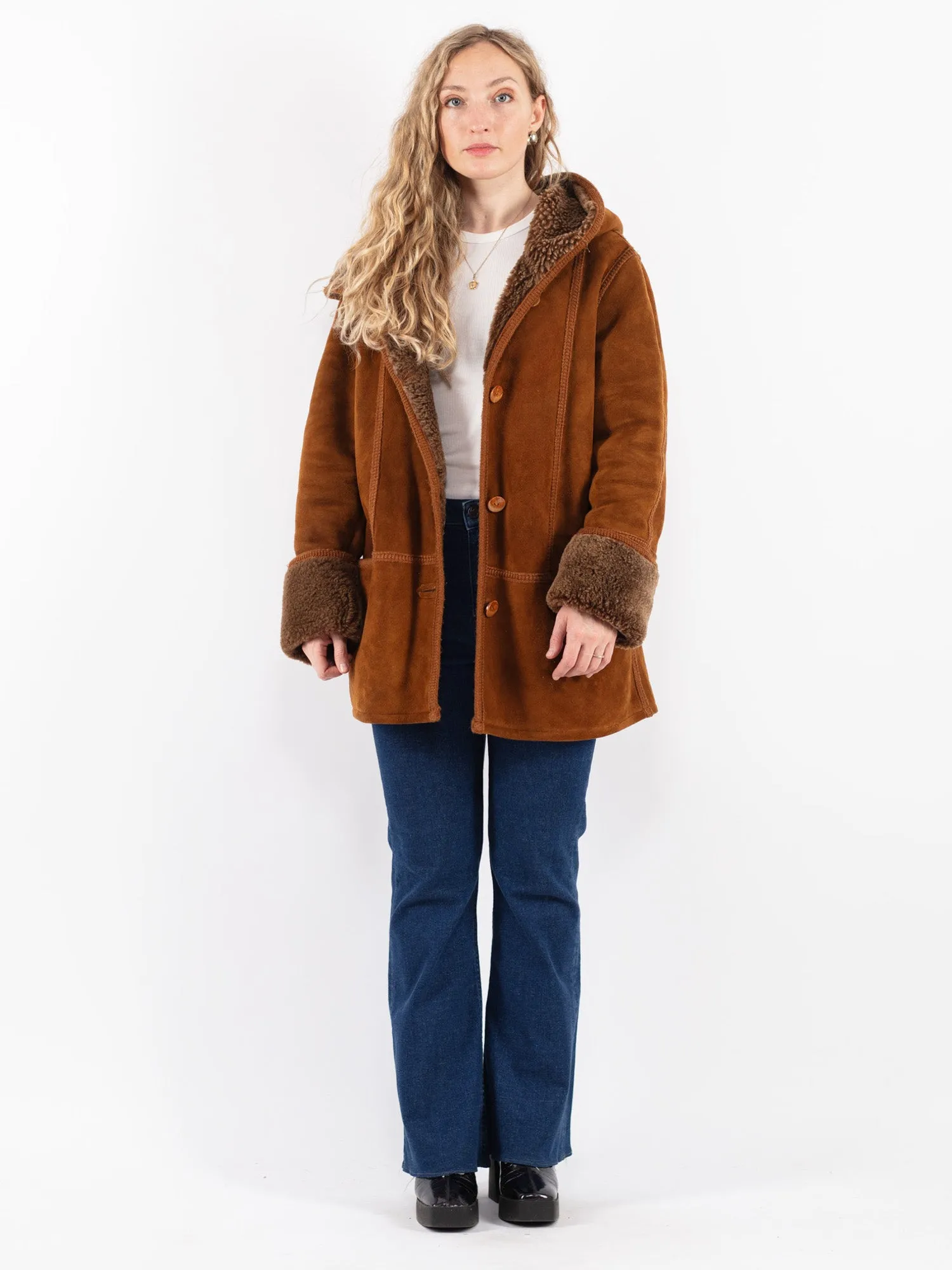 Vintage 90's Women Hooded Sheepskin Coat in Brown