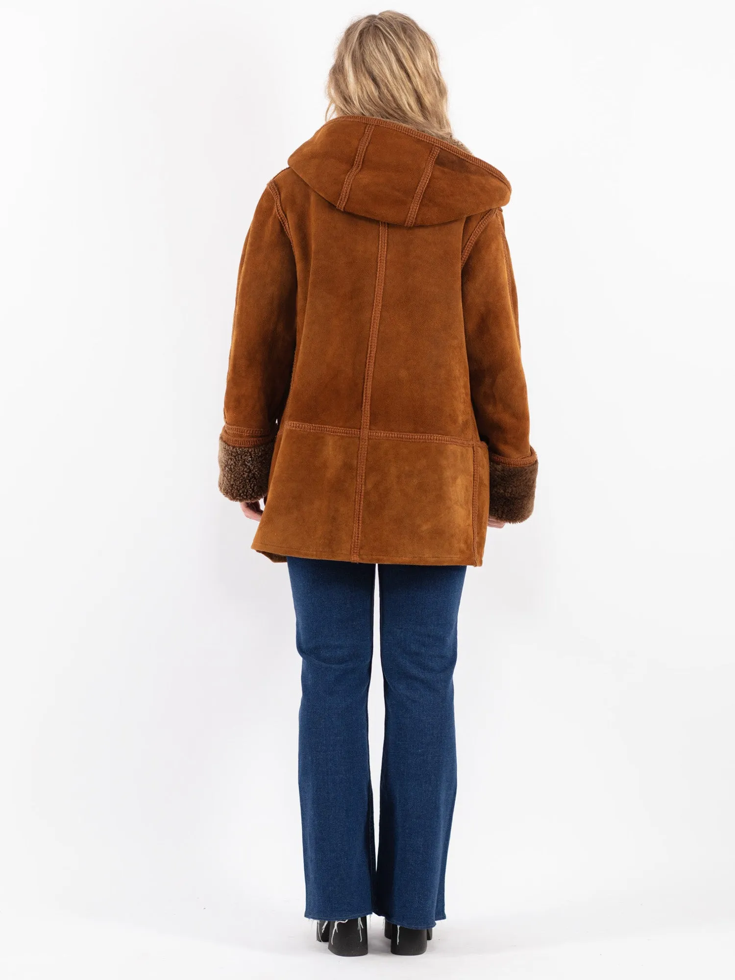 Vintage 90's Women Hooded Sheepskin Coat in Brown