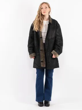 Vintage 90's Women Oversized Sheepskin Coat in Black