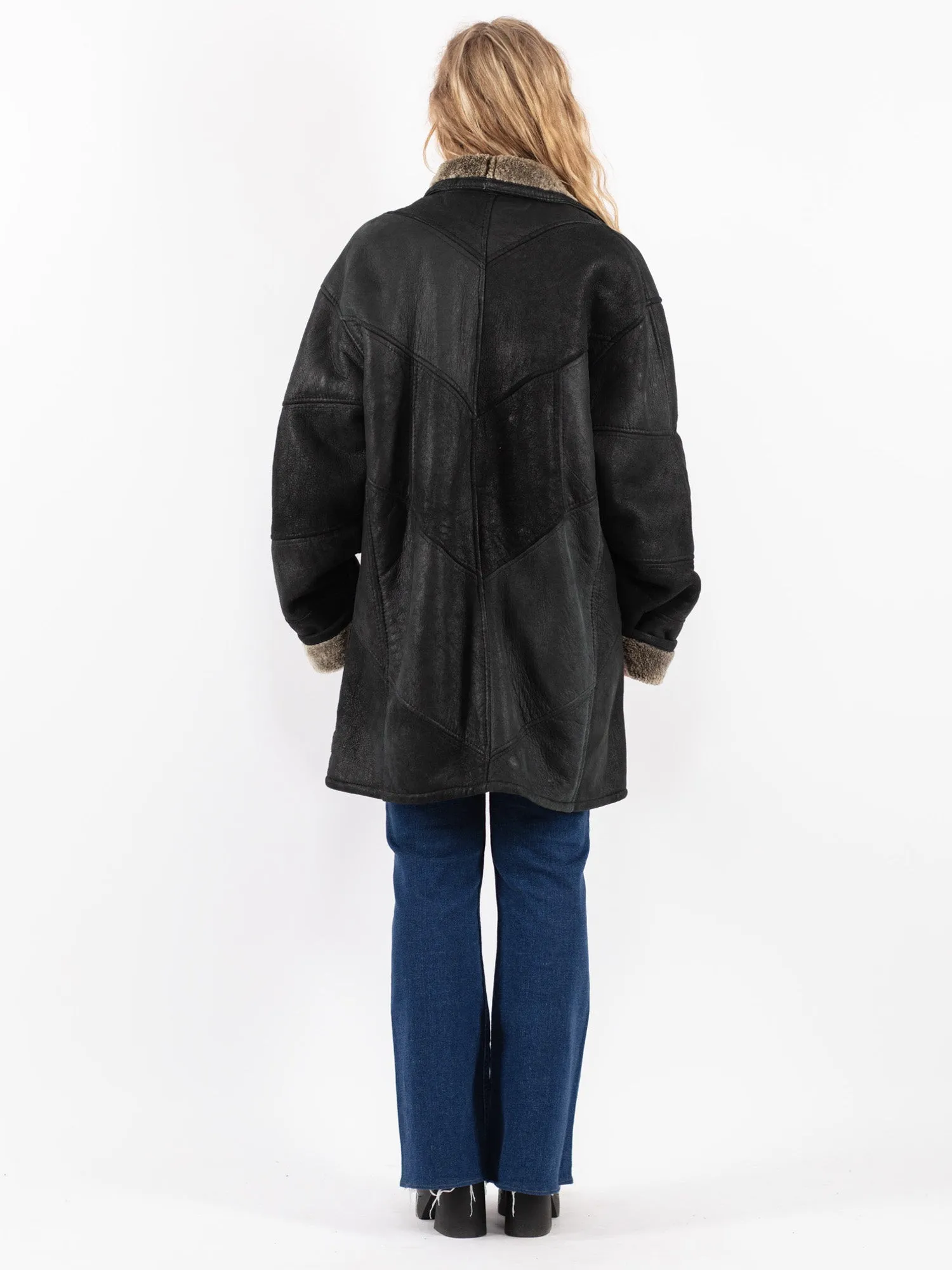 Vintage 90's Women Oversized Sheepskin Coat in Black