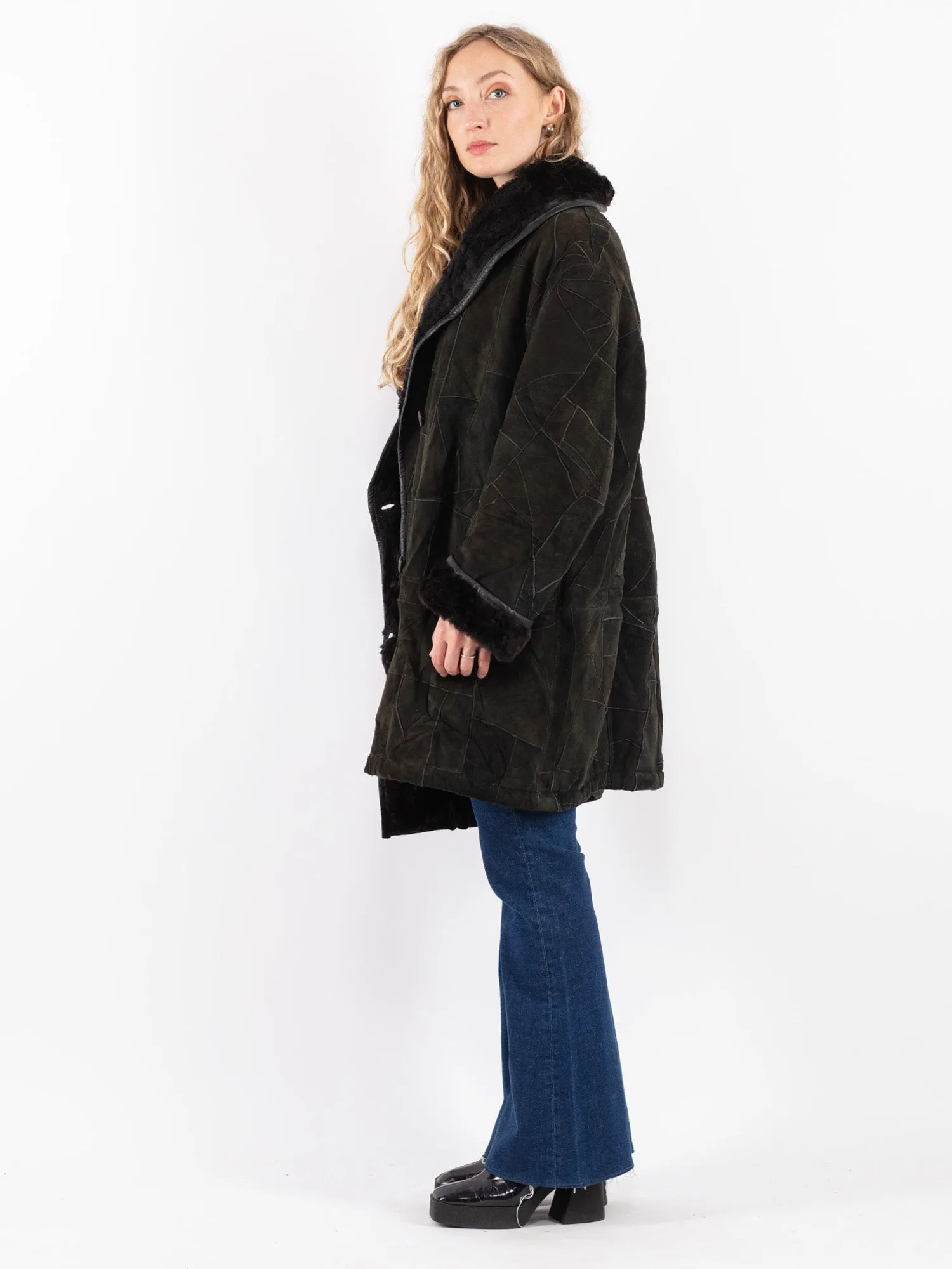 Vintage 90's Women Sheepskin Coat in Green