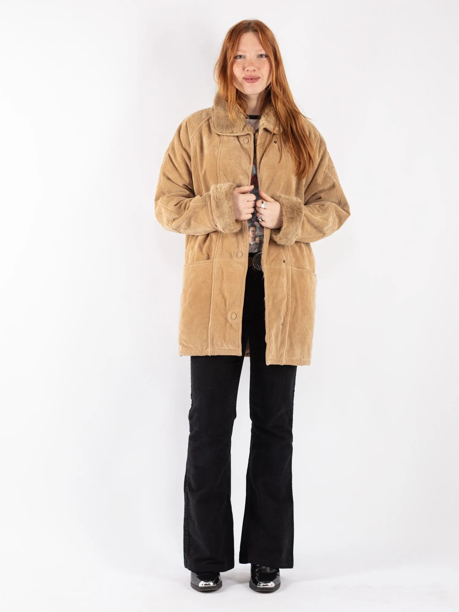 Vintage 90's Women Suede Sherpa Coat in Beige