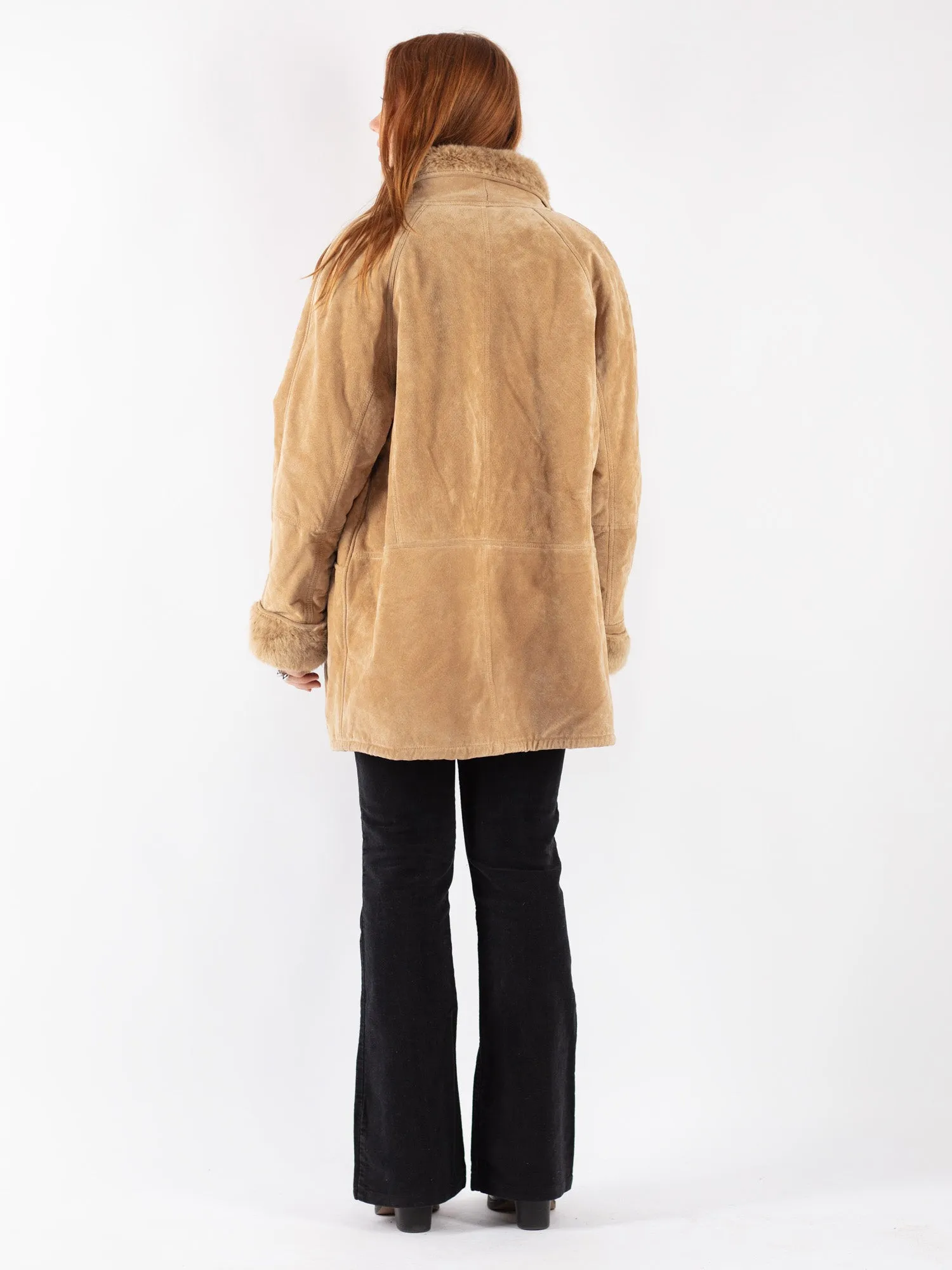 Vintage 90's Women Suede Sherpa Coat in Beige