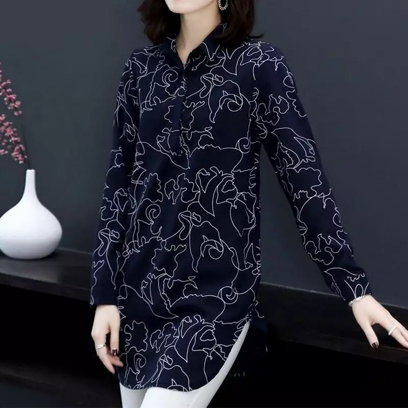 Vintage Casual Printing Button Long Shirt Summer Autumn 2022 Polo-Neck Long Sleeve Loose Oversized Pullovers Tops Women Clothing