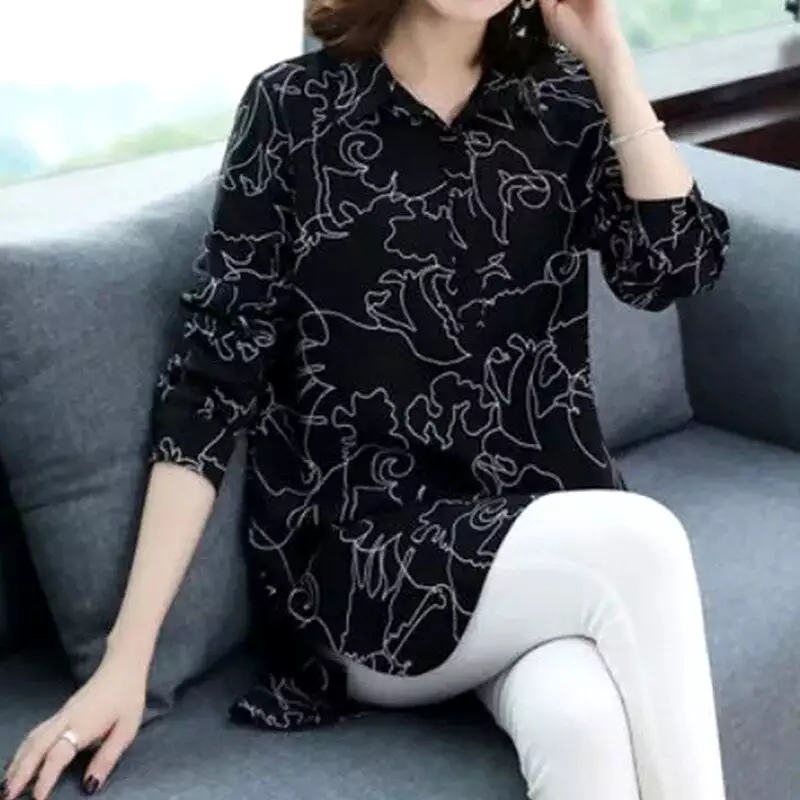 Vintage Casual Printing Button Long Shirt Summer Autumn 2022 Polo-Neck Long Sleeve Loose Oversized Pullovers Tops Women Clothing