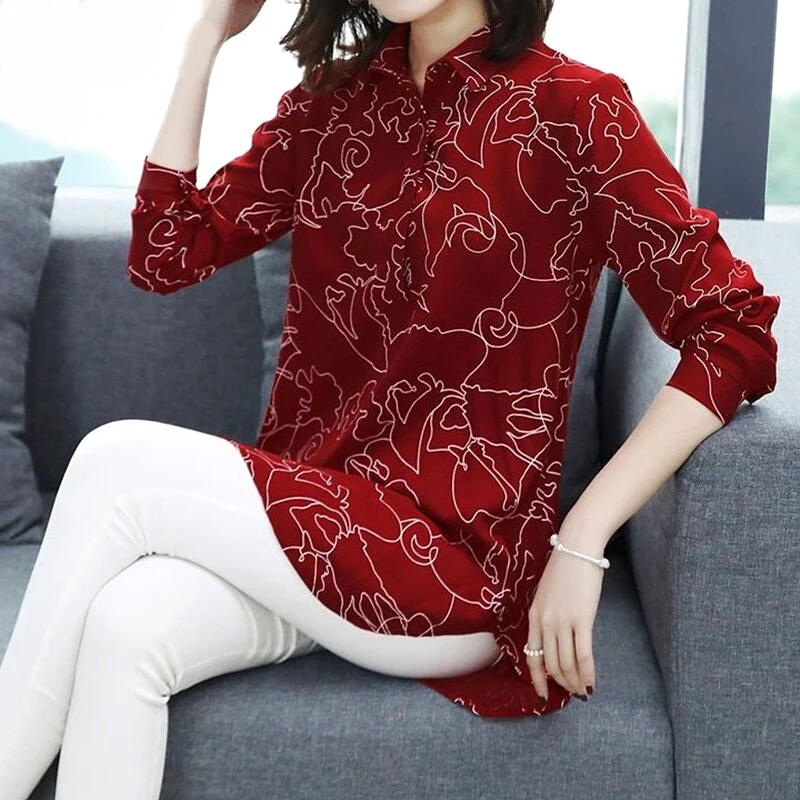 Vintage Casual Printing Button Long Shirt Summer Autumn 2022 Polo-Neck Long Sleeve Loose Oversized Pullovers Tops Women Clothing